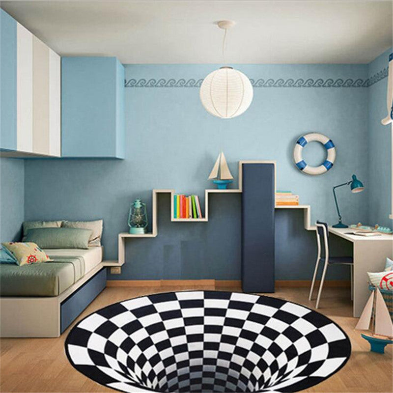 3D Vortex Carpet Black White Grid Bottomless Hole Illusion Rug Living Room Bedroom Anti-Slip Floor Mats Home Fashion Carpet Rugs