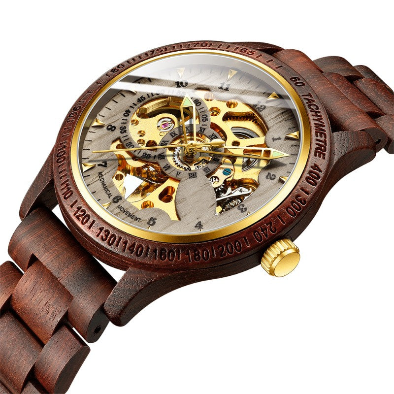 Men's Sandalwood Fully Automatic Hollow Mechanical Watch