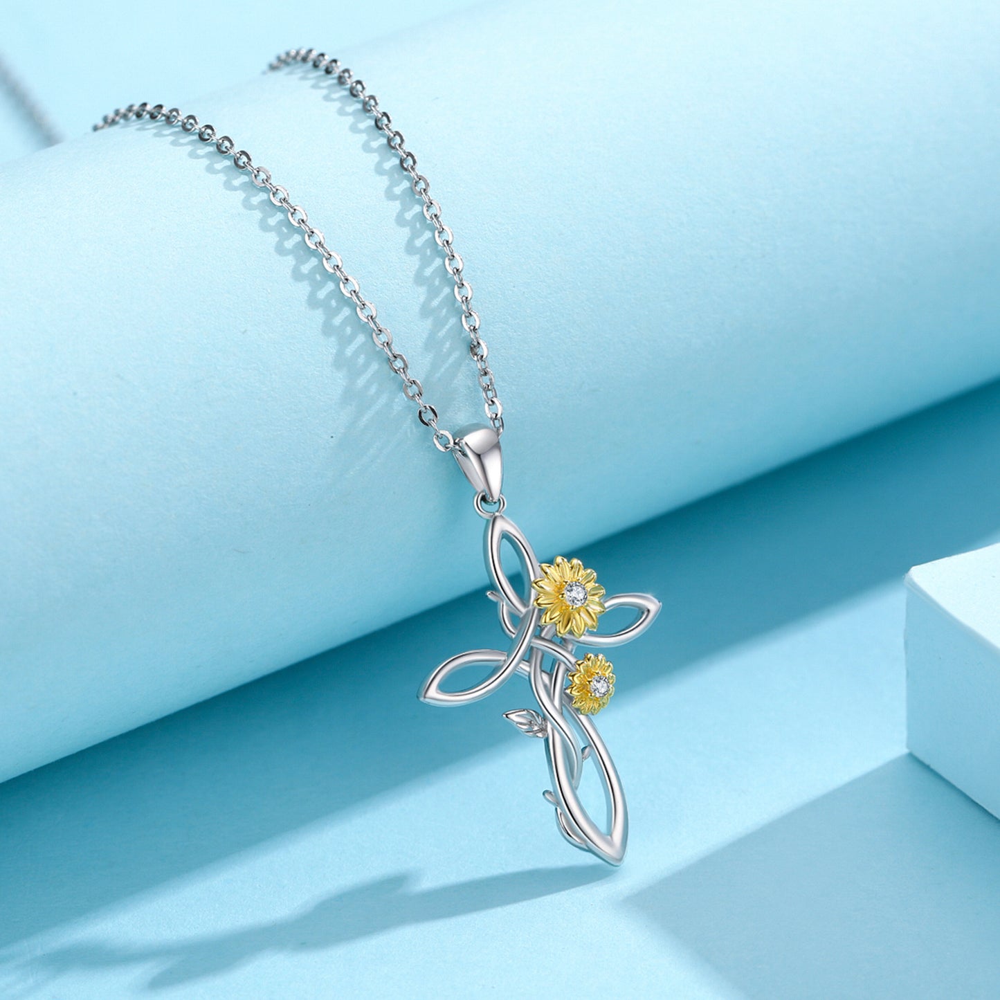 Women Sunflower Cross Necklace 925 Sterling Silver